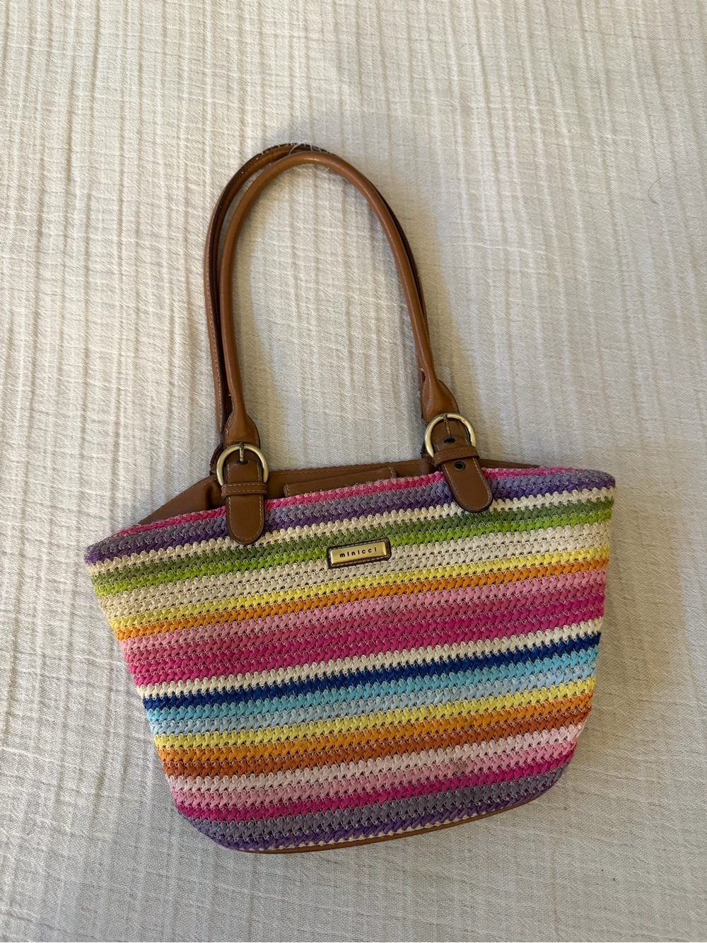 Source Unknown Multicolor Striped Crochet Tote with Tan Handles